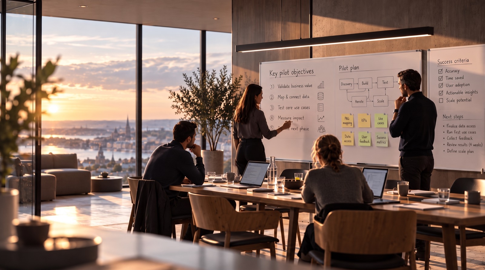 A finance team in a pilot working session at sunset, mapping objectives, the pilot plan and success criteria on whiteboards.